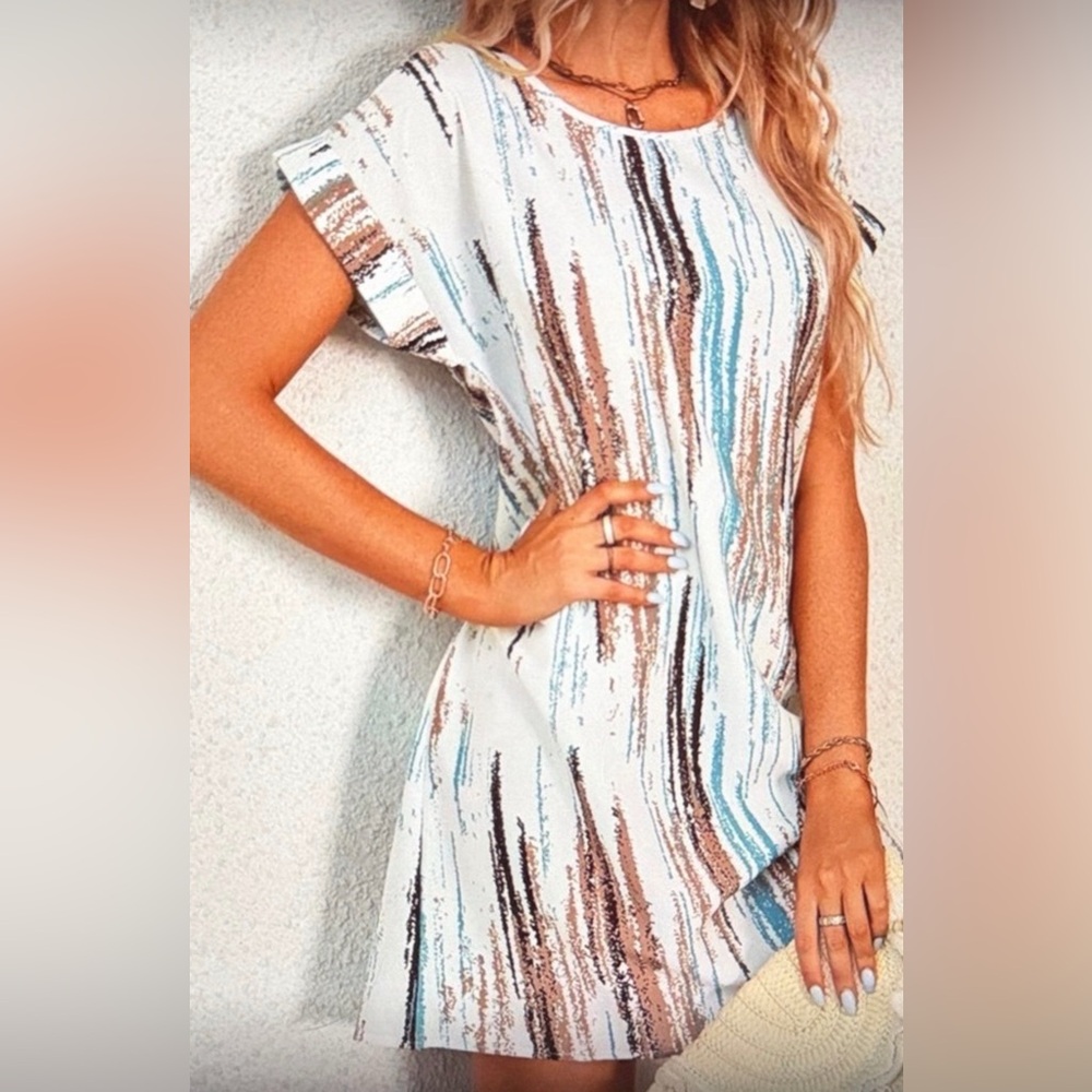 Multicolor Brush Print Batwing Sleeve Striped Dress w/Necklace